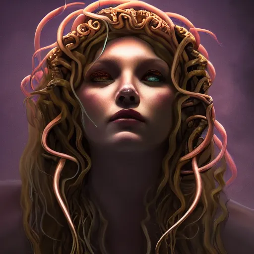 Prompt: high detail, portrait of medusa, dark fantasy, backlight, atmospheric, cold colors, trending on artstation