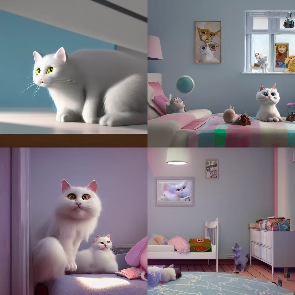 Prompt: White cat in children's room, pixar animation，hyper detailed, studio lighting, artstation, octane renderer, unreal engine