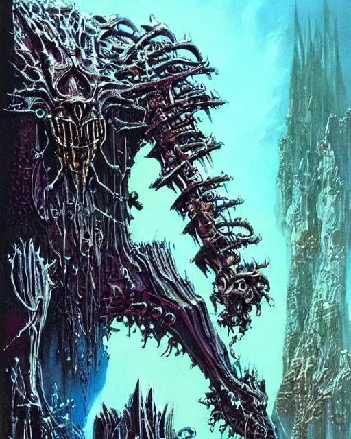 Image similar to biomechanical warhammer final boss creature vecna, art by bruce pennington