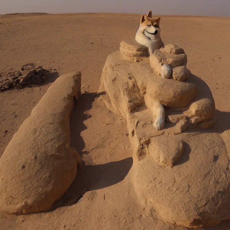 Image similar to a shiba-inu stone sphinx in the egyptian desert