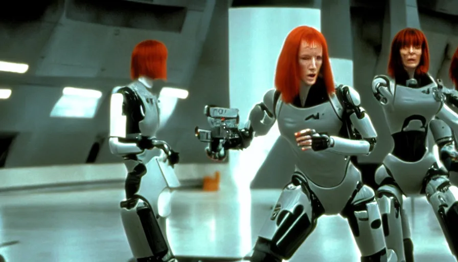 Image similar to The matrix, LeeLoo, Starship Troopers, Clarice Starling, Sprinters in a race with a clear winner, robotic legs, The Olympics footage, intimate shot, cinematic stillframe, shot by Roger Deakins, The fifth element, vintage robotics, formula 1, starring Geena Davis, sports photography, clean lighting