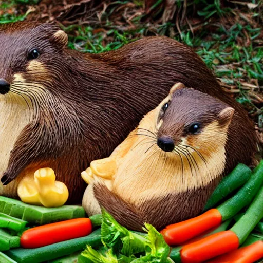 Image similar to real beaver and real duck sitting on vegetables