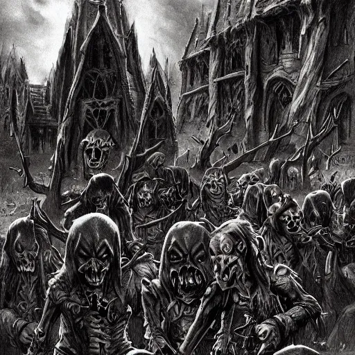 Image similar to goblin army, gothic art, subdued color, detailed, eerie, emotional, gothic, sad, highly detailed, very sharp focus, Artstation, deviantart, artgem, insane detail, intense black line art, precision detail, golden ratio, in the style of Heavy Metal Comics