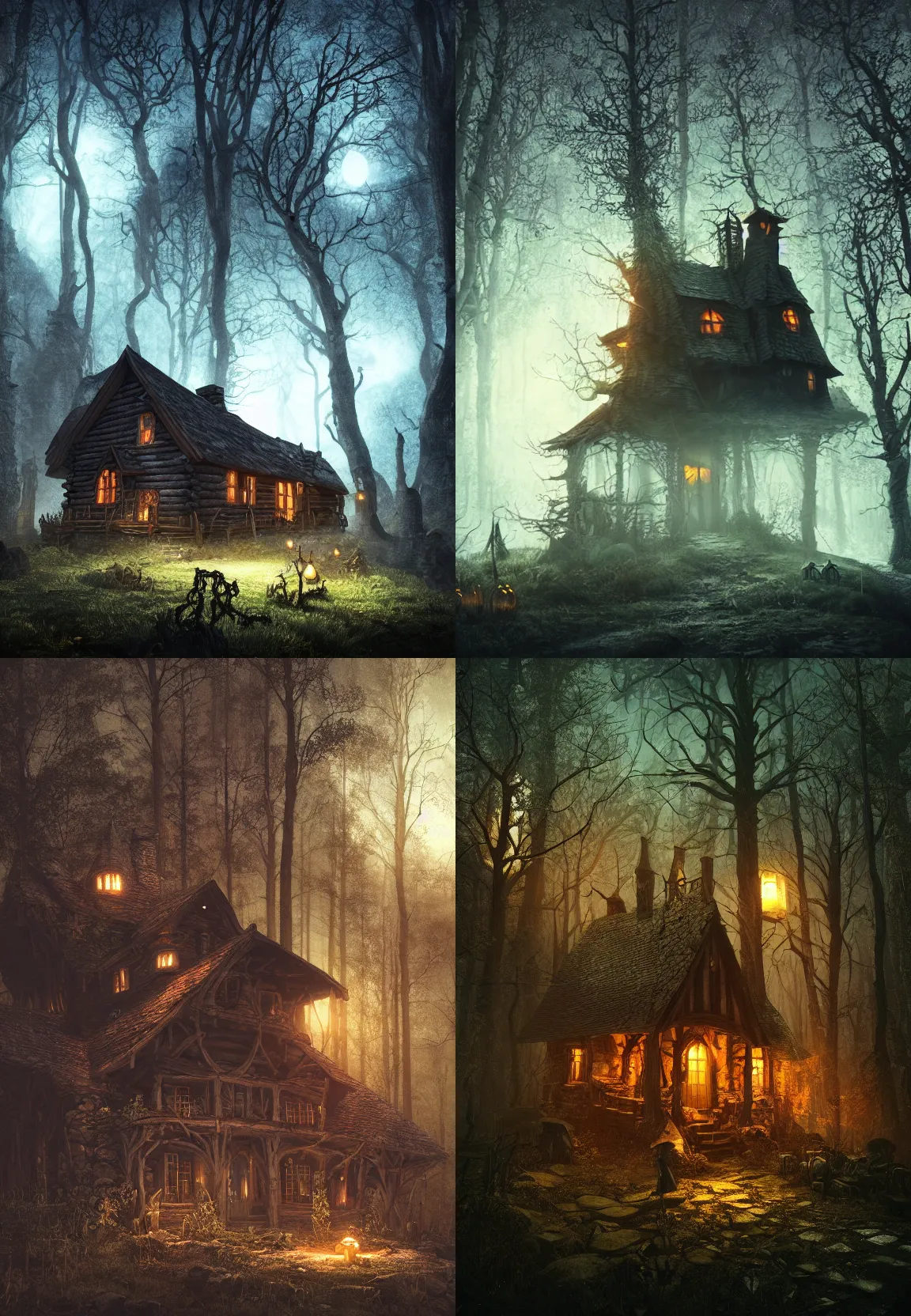 Prompt: spooky witch cabin on a fantasy forest at night, artstation hq, photorealistic, hiperrealistic, sharp focus, 4 k uhd, unreal engine 5, cinematic shot, cinematic lightning, dark tones, high contrast, intricate, masterpiece, brian froud