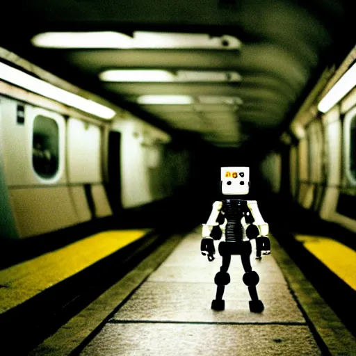 Prompt: fujifilm superia photo of uncanny valley tiny robot, in the empty london underground, dirty, grainy, liminal