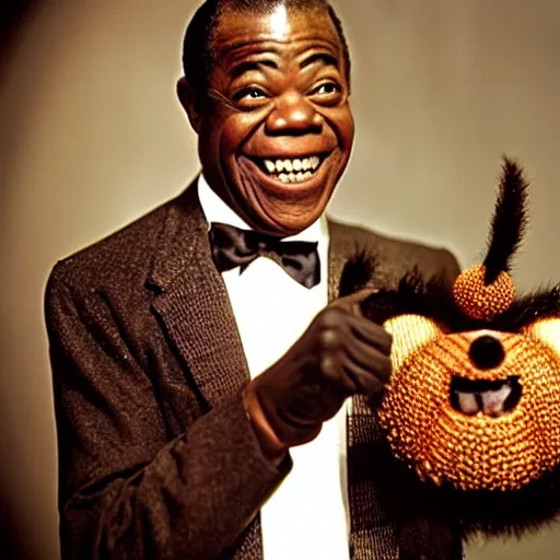 Image similar to louis armstrong winking and holding a giant hairy spider, professional photograph