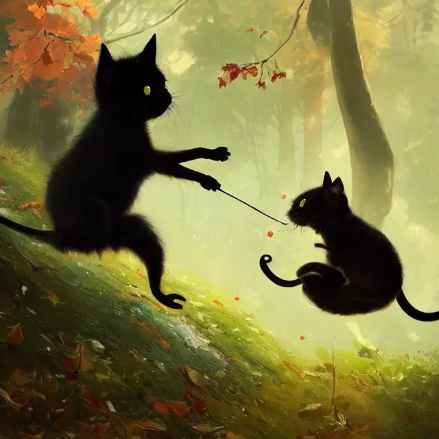 Image similar to a beautiful painting of a cute black kitten catching a mouse in a forest. disney character design by cory loftis, fenghua zhong, ryohei hase, ismail inceoglu and ruan jia. artstation, volumetric light, detailed, photorealistic, rendered in octane