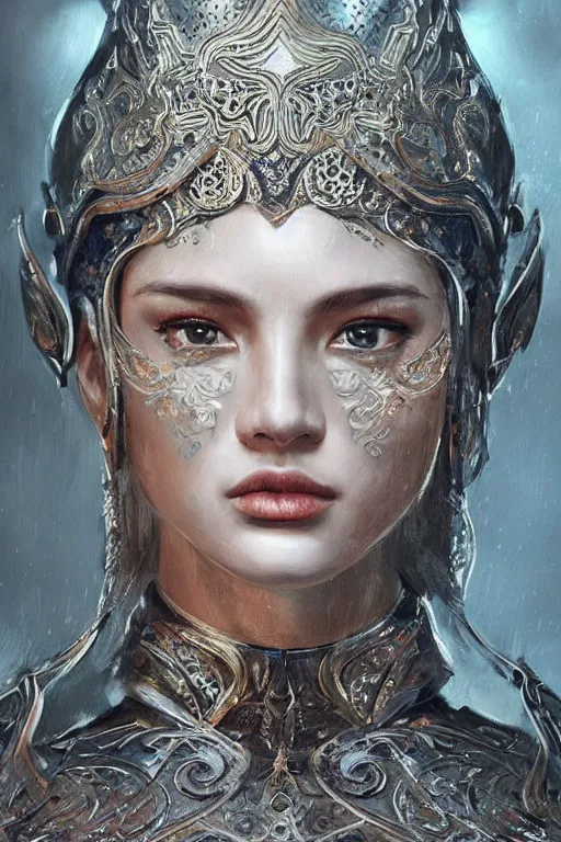 Image similar to female warrior, lovely delicate face, beautiful woman, close - up shots of faces, oil painting, intricate armour costumes, light and shadow effects, intricate, digital painting, art station, concept art, cold tones, sharp focus, morandi color scheme, sharply shaped, illustration, 4 k wallpaper, masterpiece, gorgeous, art by reiq, art byilya kuvshinov