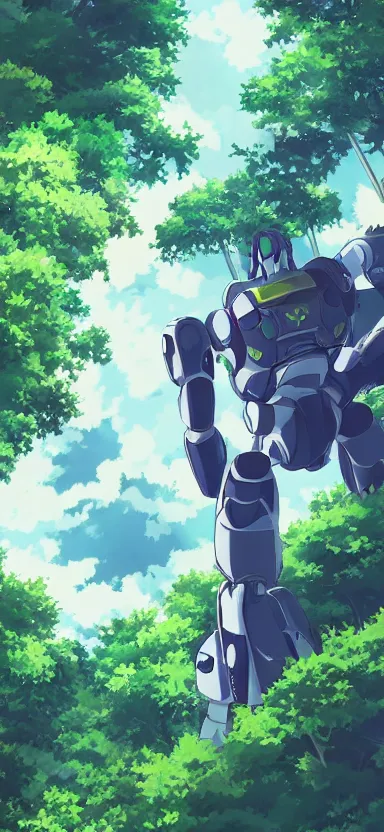 Prompt: pilot looking up at giant humanoid plant mech, coming through treetops, forest, key art, sharp lines, towering above a small person, aesthetic, anime, trigger, shigeto koyama, hiroyuki imaishi