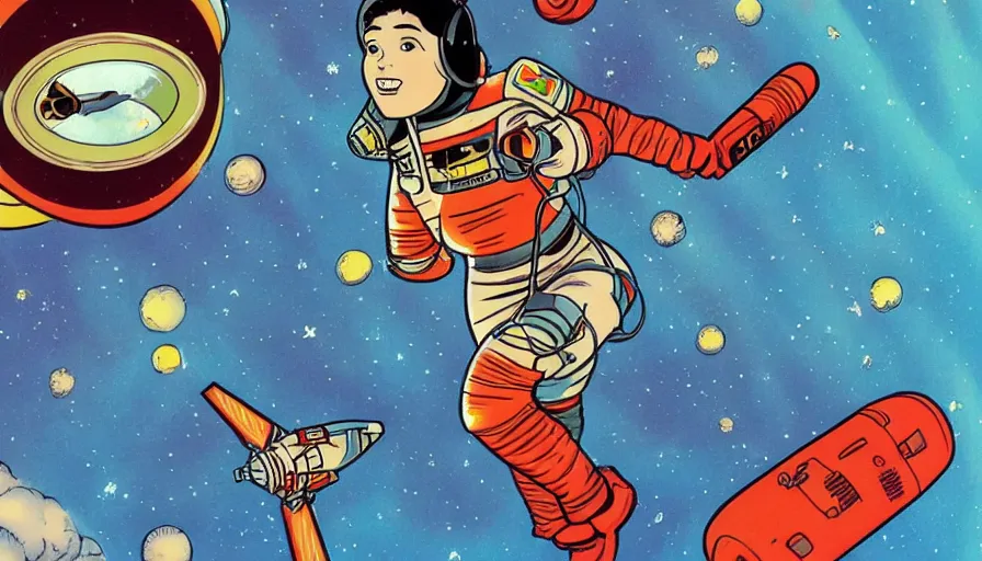 Prompt: a female astronaut floating in a scenic space environment in the style of yoko tsuno