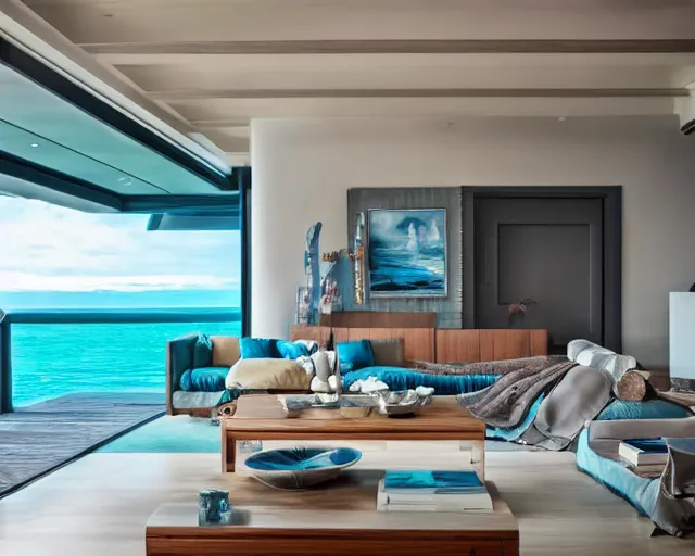 Prompt: A modern living room in a ocean hues style, ocean view, luxurious wooden coffee table, calm, relaxed style, harmony, wide angle shot, 8k resolution