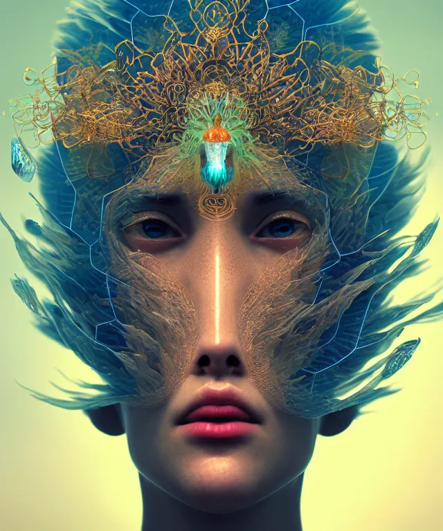 Image similar to symmetrical, centered, close-up portrait of goddess wearing crown made of betta fish, phoenix, bioluminiscent elements, intricate artwork by Tooth Wu and wlop and beeple. octane render, trending on artstation, greg rutkowski very coherent symmetrical artwork. cinematic, hyper realism, high detail, octane render, 8k