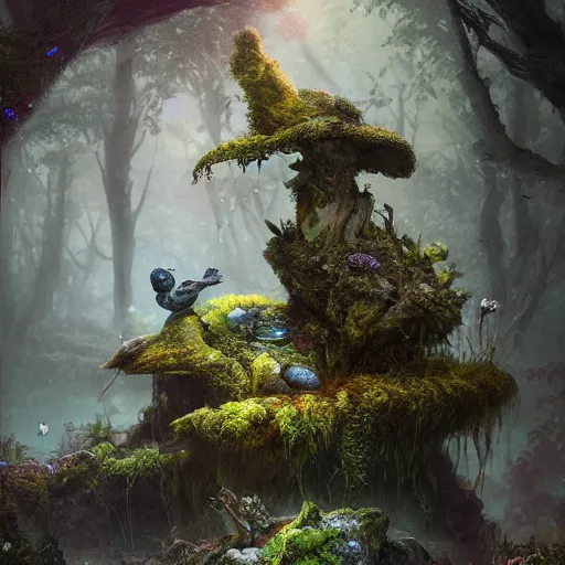 Image similar to soft painting render curiosities alien desolated world pond vegetation rocks, beautiful fairy creature covered moss scintillating, accurate features, focus, very intricate ultrafine details, random volumetric lighting, dense fog, award winning masterpiece, octane render 8 k hd, artstation, tom bagshaw