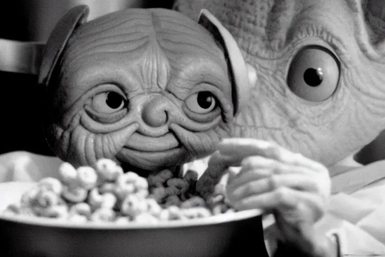 Image similar to E.T. eating a bowl of Cheerios cereal black and white Spielberg 35mm film cinematic 4k