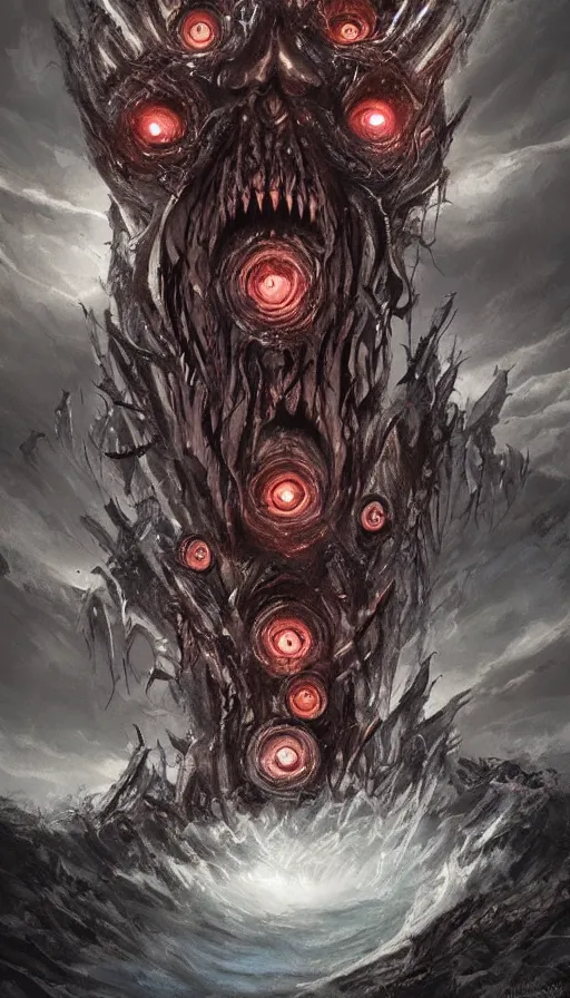 Image similar to a storm vortex made of many demonic eyes and teeth, by disney concept artists