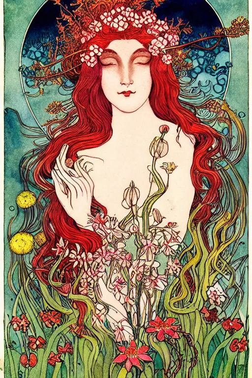 Prompt: realistic face of nature goddess with red hair with flowers and flames growing around, flower frame, imbolc, st brigid, spring, detailed art by kay nielsen and walter crane, illustration style, watercolor