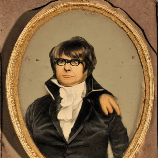 Image similar to old victorian portrait of austin powers, wearing a powdered wig, wearing a ruffled shirt