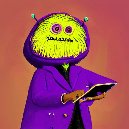 Image similar to a g. 0 ree. 0. tennis ball monster in a purple pimp coat, black and gold, digital art, fantasy, magic, chalk, trending on artstation, ultra detailed, professional illustration by basil gogos