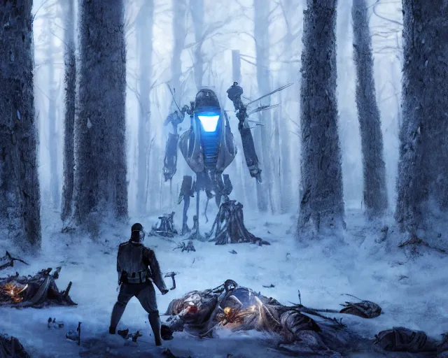 Image similar to jango fett is surrounded by 2 0 dead corpses bodies with blood on the ground in a snow forest, concept art highly detailed, great cinematic lighting, octane render, 8 k, depth of field, 3 d, art by greg rutkowski, trending on artstation, cinematographic shot