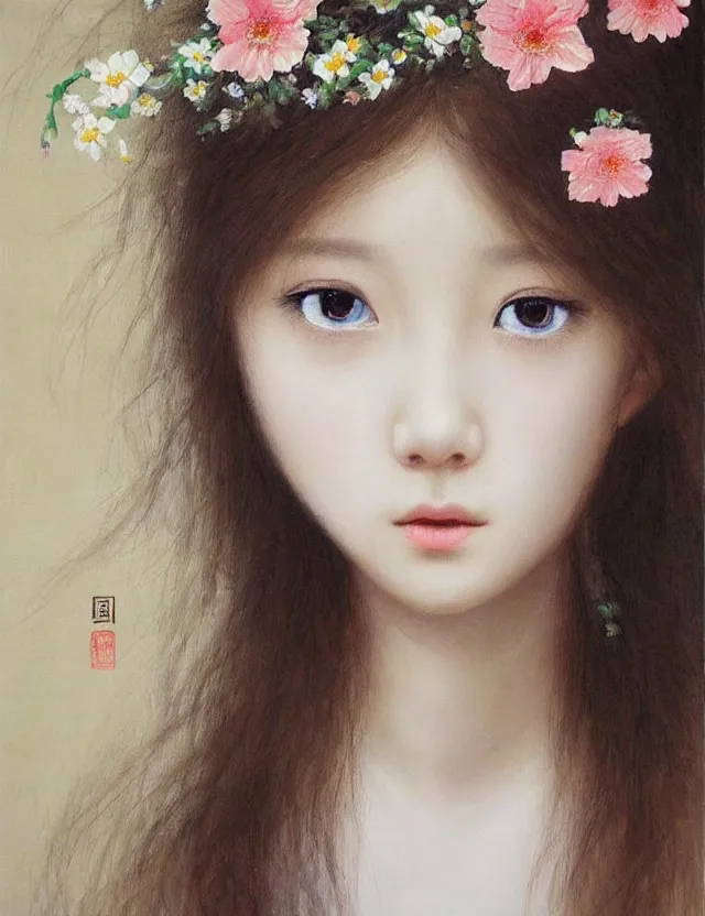 Image similar to flower girl, wonderful eyes, her loose hair, delicate, intricate details, a real masterpiece, oil on canvas, author li zhang