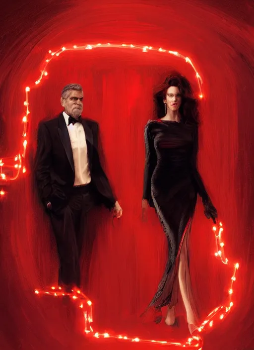 Prompt: portrait of george clooney wearing a formal black suit and kim basinger wearing a red dress in love, intricate, elegant, glowing lights, highly detailed, digital painting, artstation, glamor pose, concept art, smooth, sharp focus, illustration, art by wlop and greg rutkowski