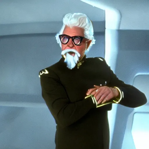 Prompt: A still of Colonel Sanders as a Captain on Star Trek The Next Generation