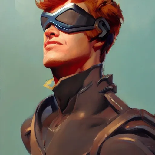 Image similar to greg manchess portrait painting of scott summers aka cyclops as overwatch character, medium shot, asymmetrical, profile picture, organic painting, sunny day, matte painting, bold shapes, hard edges, street art, trending on artstation, by huang guangjian and gil elvgren and sachin teng