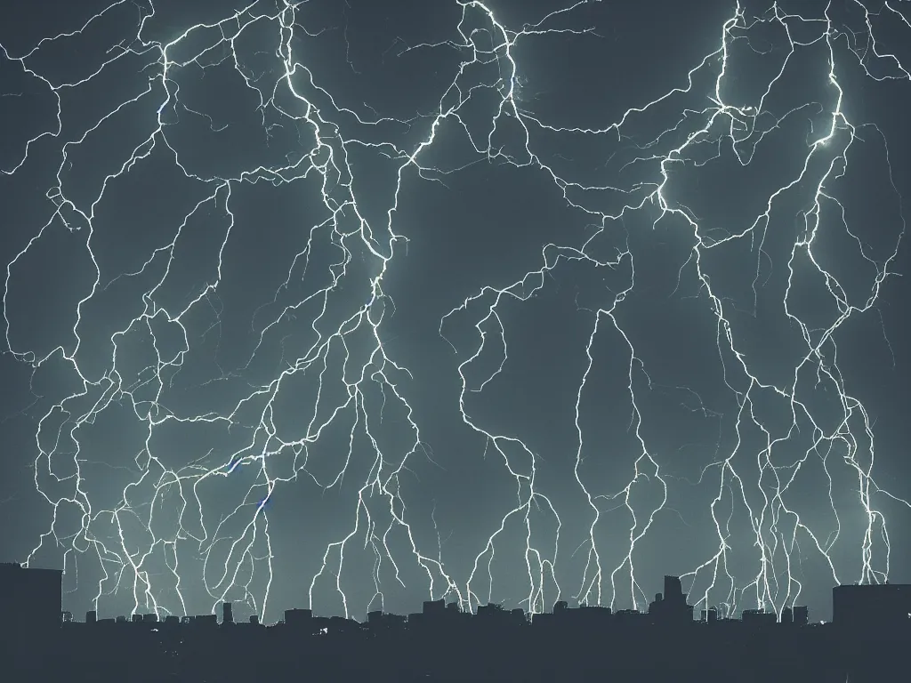 Image similar to |robot head shooting lightning from its eyes| |floating over vast city made of audio speakers|, neon moody night time light, 55mm