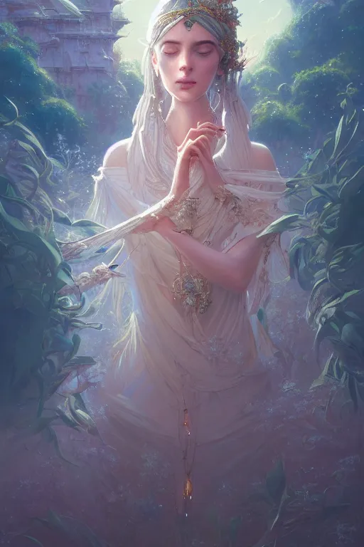 Image similar to highly detailed portrait of beautiful ethereal woman in ornate clothing, stephen bliss, unreal engine, fantasy art by greg rutkowski, loish, rhads, ferdinand knab, makoto shinkai and lois van baarle, ilya kuvshinov, rossdraws, tom bagshaw, global illumination, radiant light, detailed and intricate environment