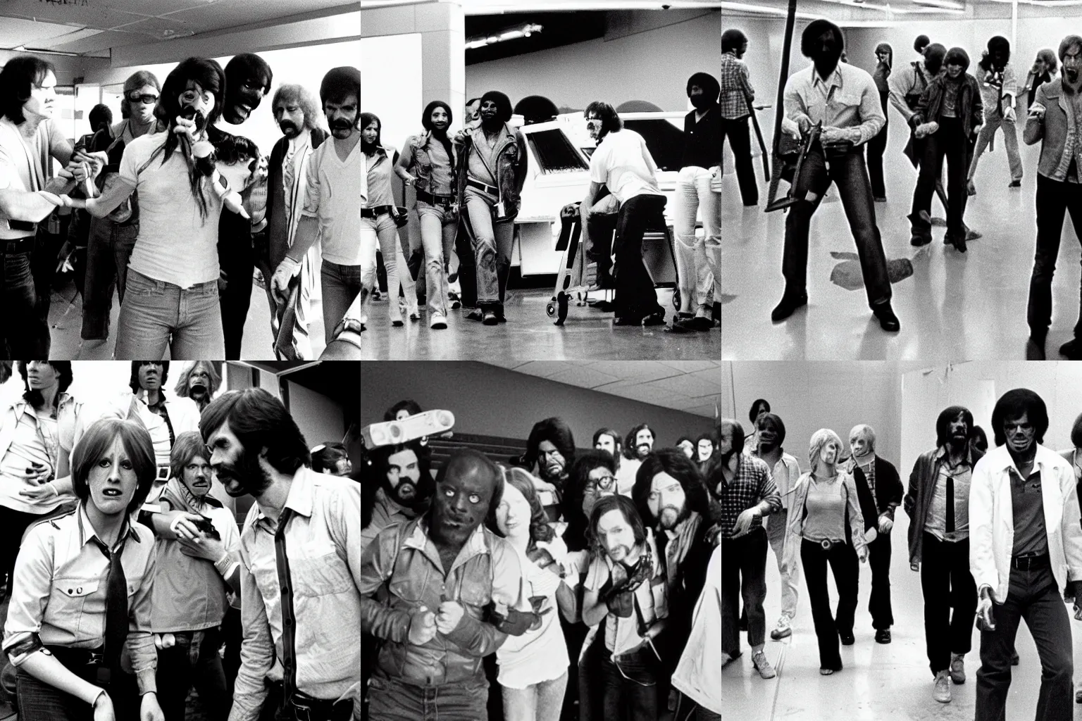 Prompt: Dawn of the Dead behind the scenes, production photographs from 1979