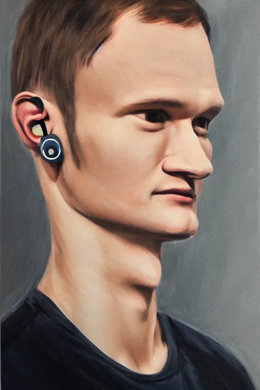 Prompt: vitalik buterin in headphones. vitalik buterin, medium shot, perfect symmetric face, coherent eyes, cute beautiful face, fine details., 4 k, hans zatska, oil paint