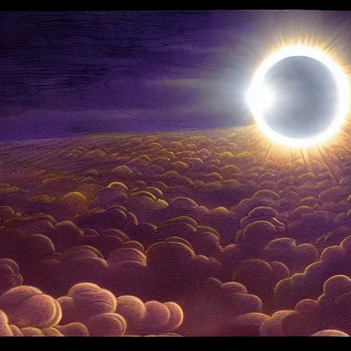 Image similar to dark solar eclipse, above a village, highly detailed, studio 4 k quality, by evelyn de morgan