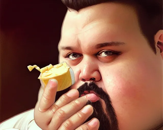 Prompt: photography of extremely fat overweight obese!!! johnny depp eating butter, deep focus, intricate, elegant, highly detailed, digital painting, artstation, concept art, matte, sharp focus, illustration, art by artgerm and greg rutkowski and alphonse mucha