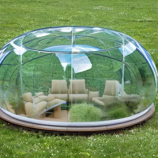 Prompt: glass furniture inside of a grass megadome