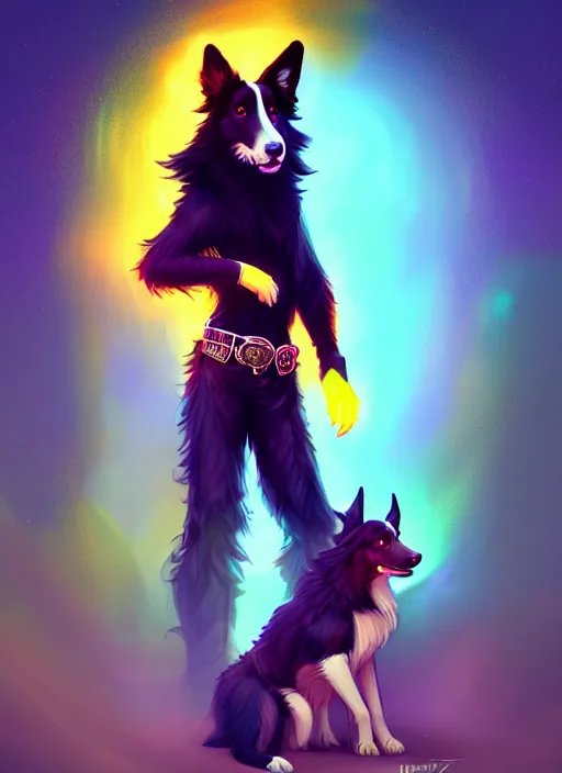 Image similar to wide angle beautiful full body portrait of a cute male anthropomorphic anthro border collie fursona wearing cowboy outfit in a neon metropolis, character design by charlie bowater, henry asencio, and ross tran, furry art, furaffinity, beautiful, glamor pose, detailed, aesthetic, trending on artstation