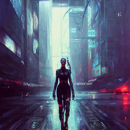 Prompt: cyberpunk razorgirl, pavewalk, scifi, megacity background, neuromancer, dramatic lighting, painted by raymond swanland, painted by greg rutkowski, painted by jeremy mann, painted by artgerm, painted by igor kieryluk, trending on artstation