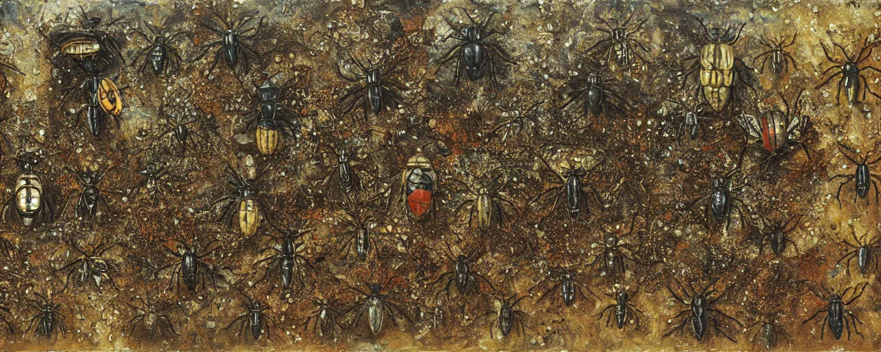 Image similar to strange giant insects, beetles and flies, swarming in a cornfield, oil painting by max ernst and anselm kiefer, decay, mixed media, textured, sharp focus, highly detailed, photographic emulsion cracked and peeling, rust, cinematic lighting, 8 k, hd