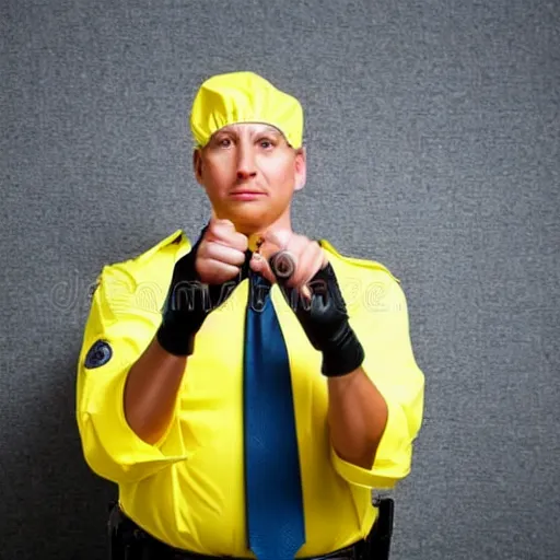 Prompt: A police officer wearing yellow rubber gloves, posing heroically, stock image