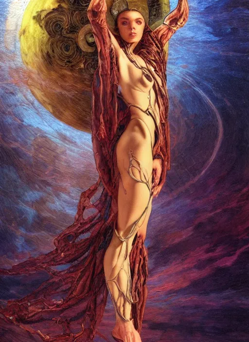 Prompt: biblical strong beautiful female android, bright glowing veins, in clouds, sunset, accretion disk, fashion posing, portrait, by gerald brom, by mikhail vrubel, by peter elson, muted colors, extreme detail, reflections, trending on artstation, 8 k