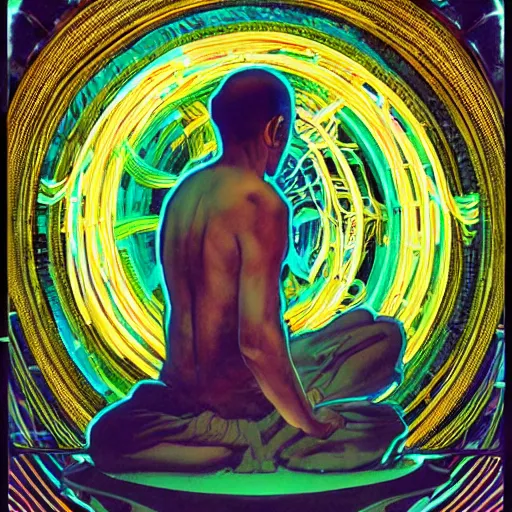 Prompt: monk meditating in a neon lit ying yang, cyber punk forest, interconnected woven circuitry and cables, ornate details, stefan gesel, yoshitaka amano, alphonse mucha