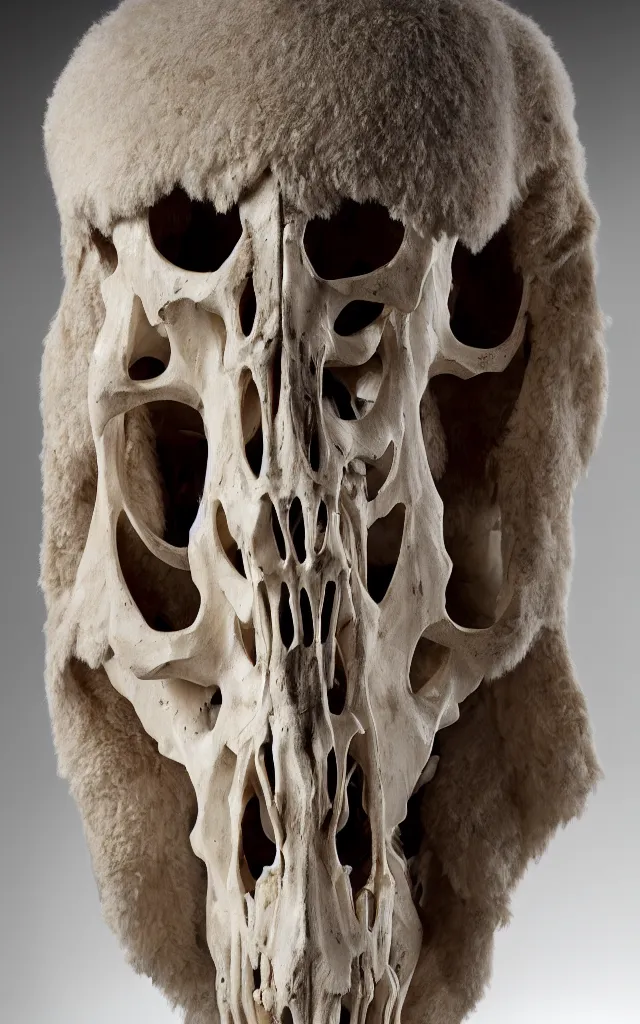 Prompt: a white sepulchre quartz bone exoskeleton in the form of a wooly mammoth skull with war armor, elegant, opulent, luxurious, iridescent, diffuse subsurface scattering, specular highlights