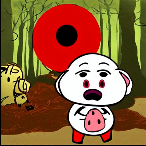 Image similar to a shadow man with a red glowy eyes fighting a big piglet the background is a japanese forest