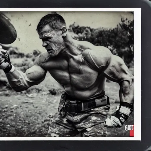 Prompt: John Cena battling in the war, polaroid, photography, damaged, epic,