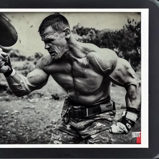 Image similar to John Cena battling in the war, polaroid, photography, damaged, epic,