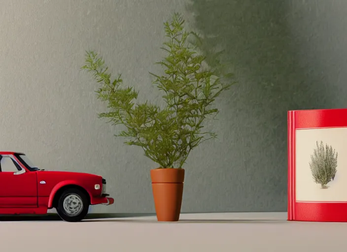 Image similar to a small miniature of a red Datsun 1200 on a white table near a book and a vase with a plant, 3d render, octane render, unreal engine 5, path tracing, serene landscape, calm, relaxing, beautiful landscape, highly detailed, high quality, 4k, symmetrical, low contrast