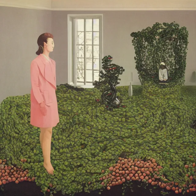 Image similar to a pathology student in her apartment, wrapped in vines, stepping stones, octopus, berries, black walls, ikebana, black armchair, sculpture, moss, acrylic on canvas, surrealist, by magritte and monet