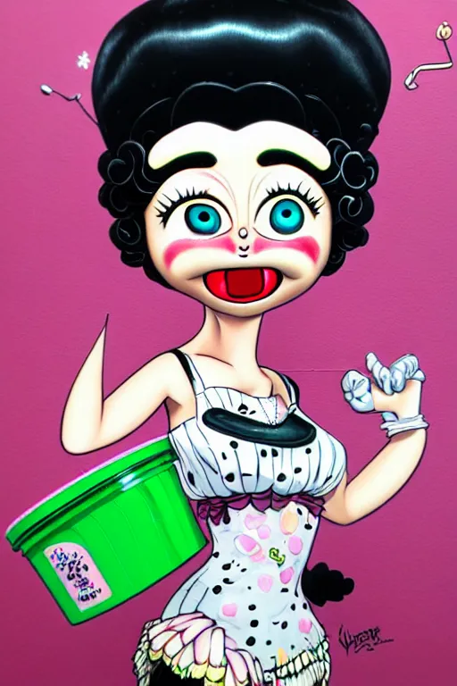 Image similar to full view, from a distance, of anthropomorphic trashcan who is betty boop from 1 9 3 0, full of trash, style of yoshii chie and hikari shimoda and martine johanna, highly detailed