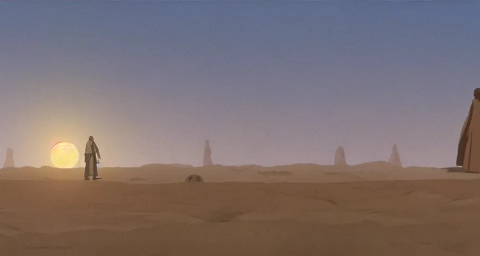 Prompt: wide shot tatooine landscape obi wan in Star Wars a new hope 1977 by studio ghibli, Miyazaki, animation, highly detailed, 70mm