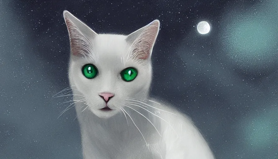 Image similar to white cat with green eyes, moon, snow, shiny, hyperdetailed, artstation, cgsociety, 8 k