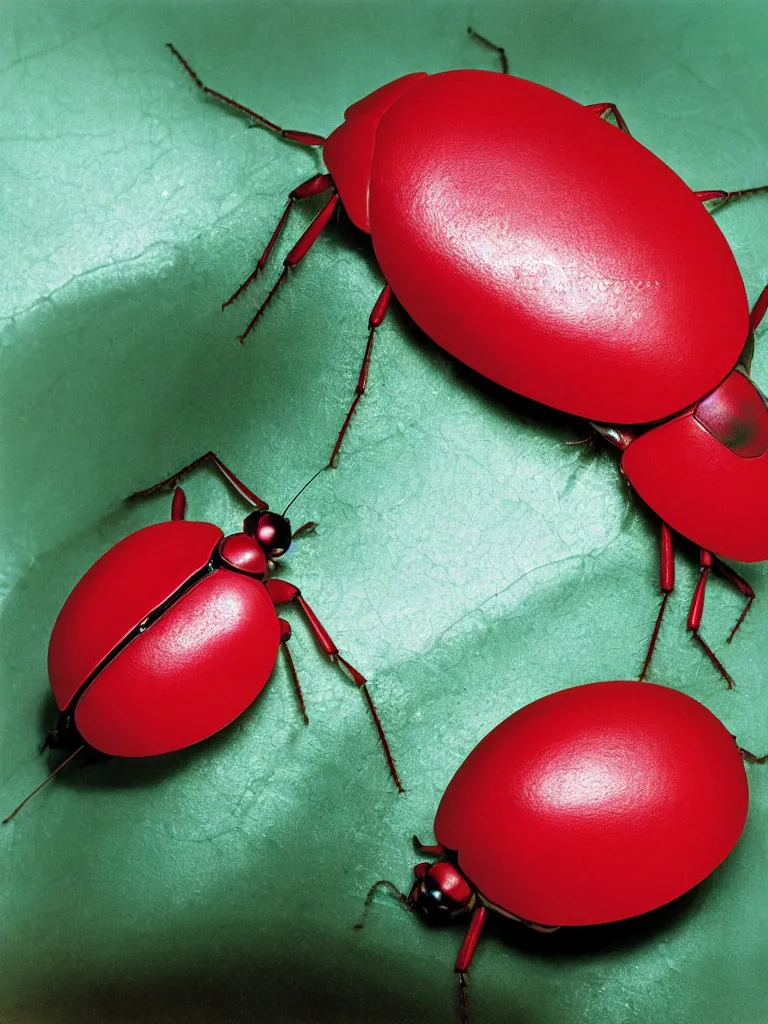 Image similar to subsurface scattering. studio photography by slim aarons, by zhang kechun, by lynda benglis. close - up shot of a beautiful red white and light green beetle. insect eyes. complementary color scheme. high quality highly detailed award winning photograph by national geographic. soft volumetric light, smooth gradient.